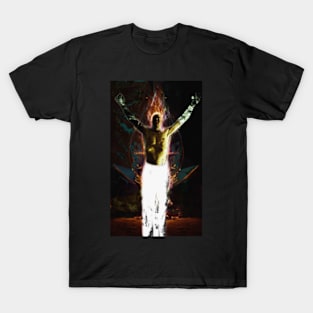 Portrait, digital collage and special processing. Shirtless man, stands. All chakras opened. Mystic. High contrast, dark. T-Shirt